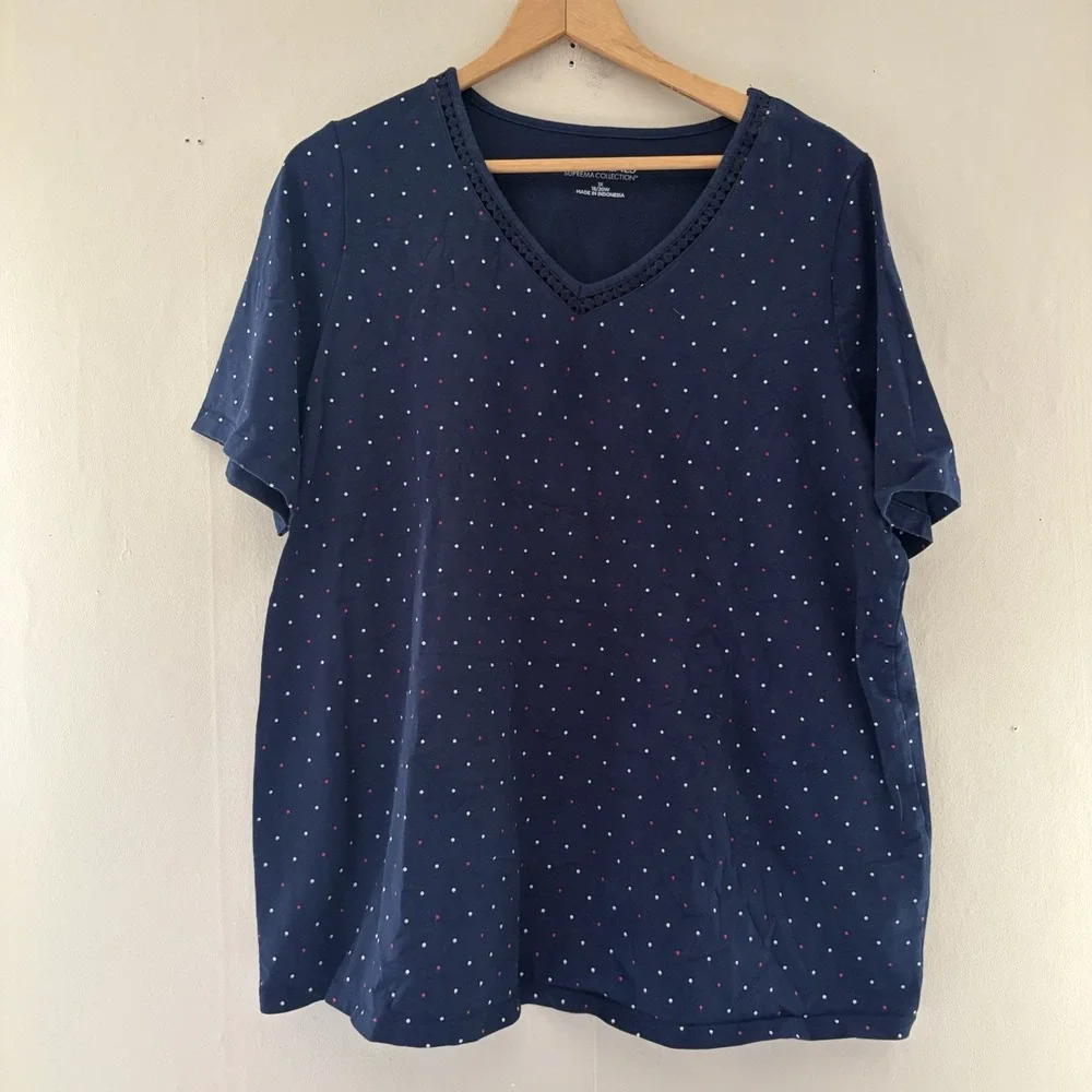 Catherines Womens Suprema Collection Top Size 1X Blue Polka Dot Basics Plus